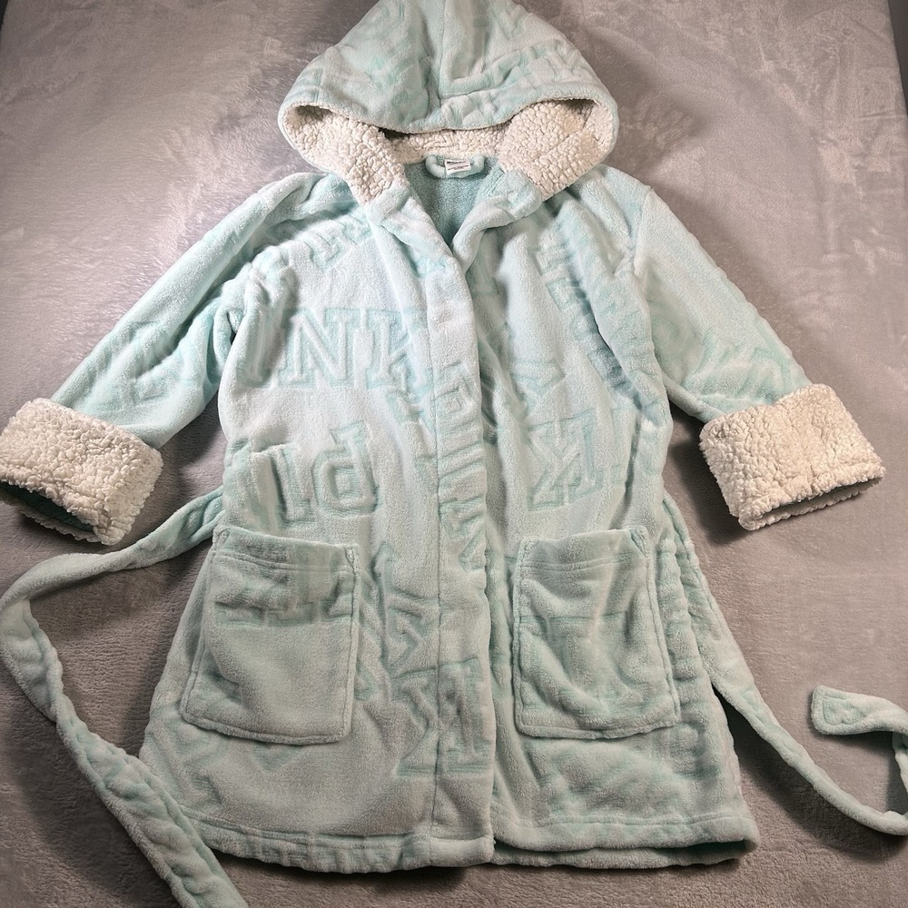 Victorias Secret PINK Plush Fleece Robe ML Mint Green Sherpa Hood Fluffy Belted - Picture 8 of 14